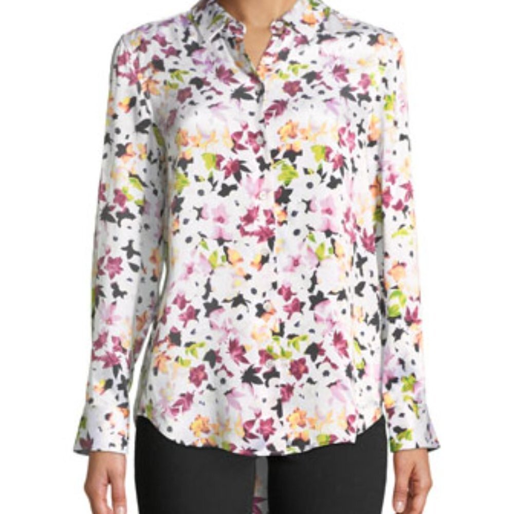EQUIPMENT 'Essential' Floral Print Silk Blouse, Bright White Extra Small